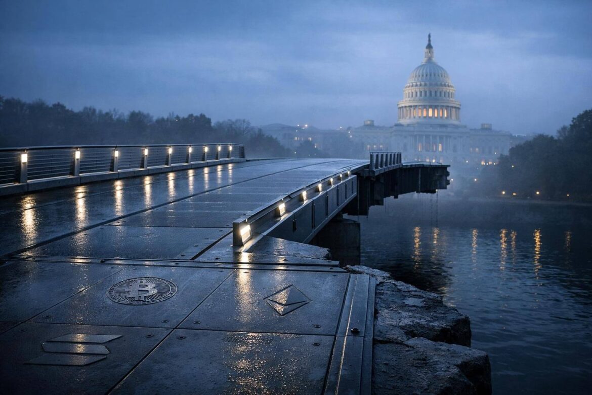 Broken bridge leading toward the U.S. Capitol with Bitcoin and Ethereum symbols embedded in the path, symbolizing limited SEC clarity and ongoing market distrust without Congress