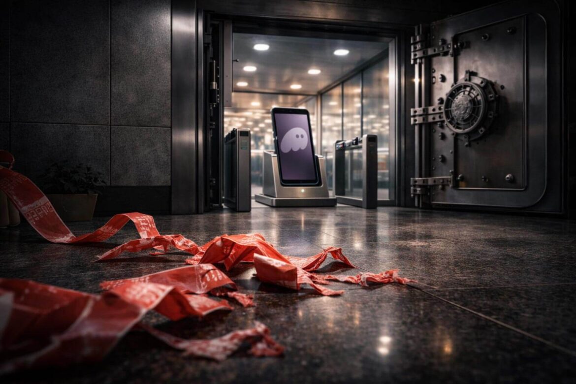 Torn red tape on the floor outside an open vault with a crypto wallet terminal inside, symbolizing regulatory barriers removed and direct access to derivatives markets