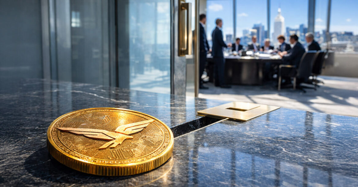 Bitcoin gold bar suspended by an industrial crane above a stormy shipping port, symbolizing Bitcoin’s price surge amid geopolitical tension from the Iran war and uncertainty tied to Trump tariff policies.